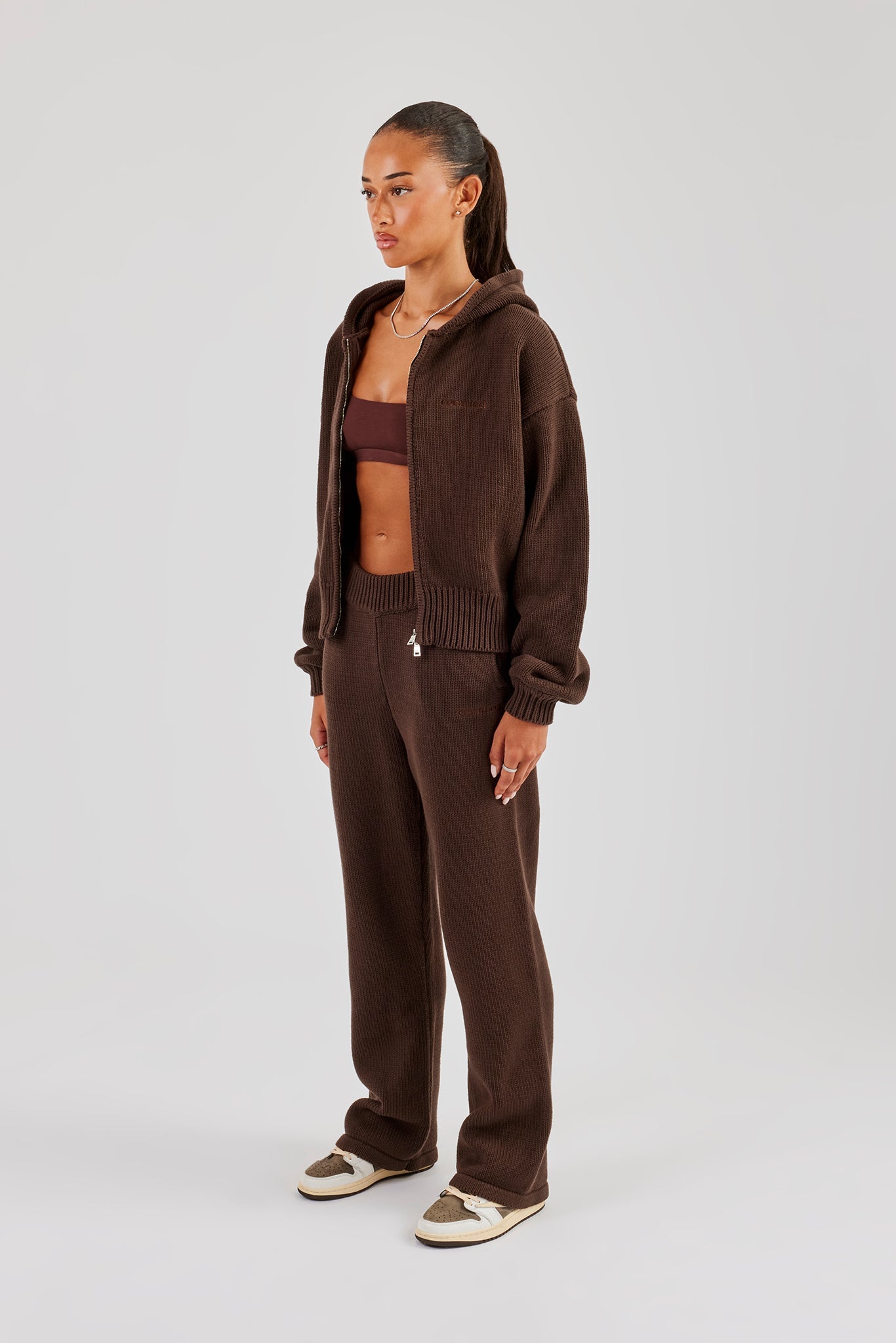 Knitted Embroidered Zip Through Tracksuit - Chocolate
